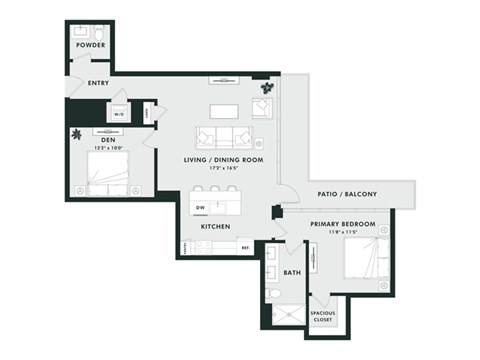 A floor plan of a house with a den, living/dining room, kitchen, bathroom, and two bedrooms.
